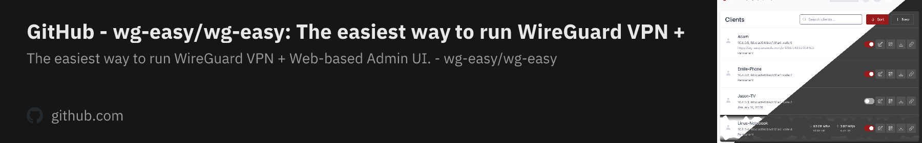 GitHub - wg-easy/wg-easy: The easiest way to run WireGuard VPN + Web-based Admin UI.